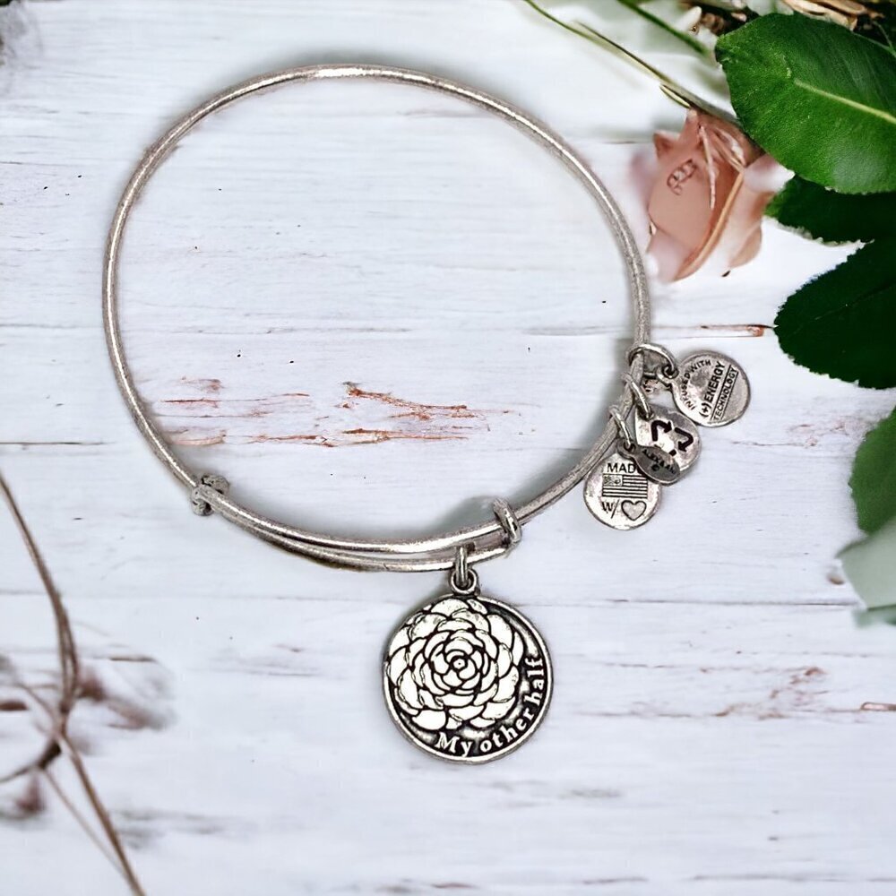 Alex and Ani Camelia My Other Half Charm Bracelet Silver Expands 2"- 3.5"